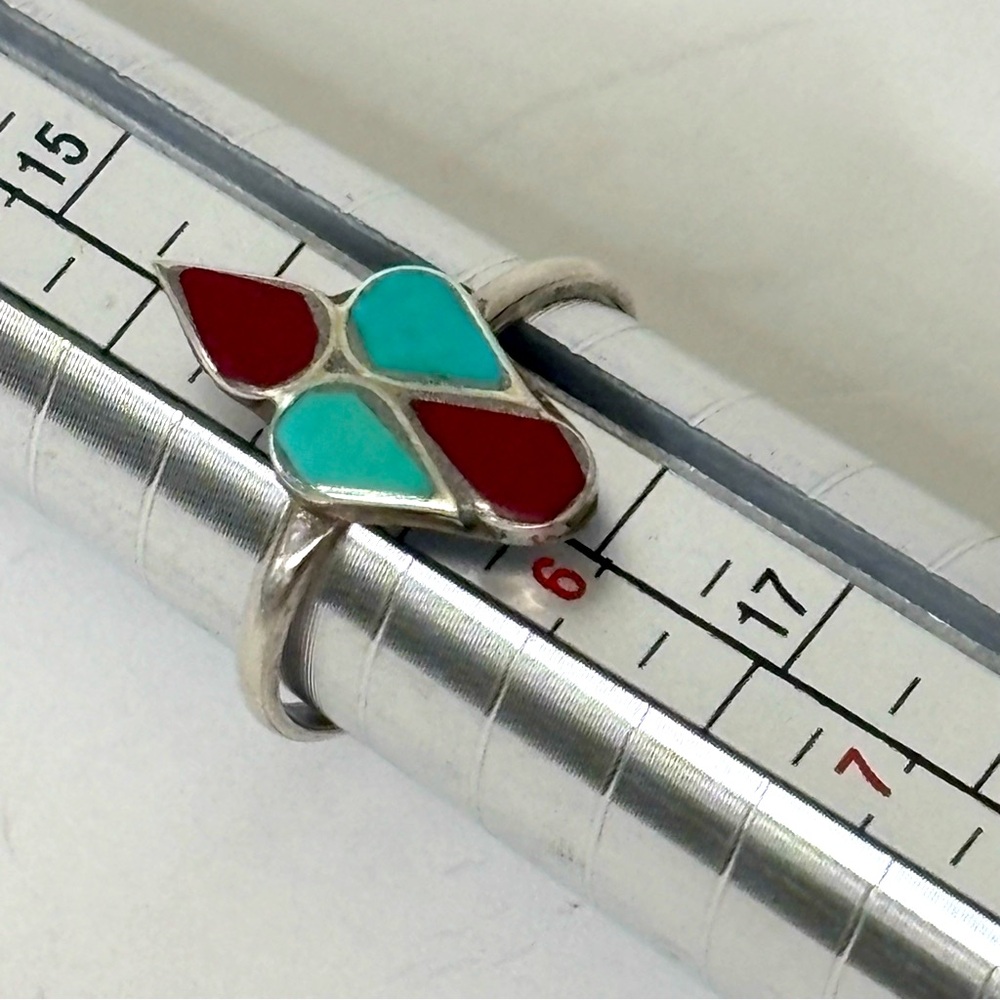 Vintage Sterling Native American Zuni Inlay Red and Blue Pinky Ring Size 5.25